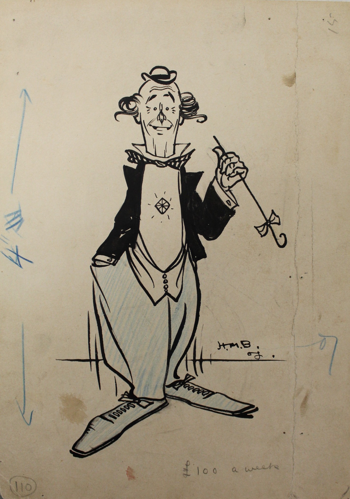 •HENRY MAYO BATEMAN (1887-1970) STUDY OF A CLOWN: `£100 A WEEK` Signed with initials and dated 08,