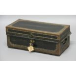 GEORGE IV CAMPHOR WOOD AND LEATHER BOUND DEED BOX, with twin brass handles, edging and stud work,