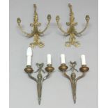 PAIR OF NEO-CLASSICAL GILT METAL WALL LIGHTS, the two foliate branches tied by a ribbon, height