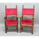 PAIR OF ITALIAN WALNUT OPEN ARMCHAIRS, probably 19th century, the back with carved uprights and