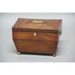 GEORGE IV MAHOGANY WORK BOX, of sarcophagus form, the cover with a brass plaque dated 1829 enclosing