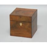 VICTORIAN MAHOGANY AND INLAID DECANTER BOX, of cube form, enclosing a fitted interior with four