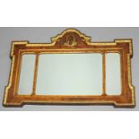 GEORGE I STYLE OVERMANTEL MIRROR, the three bevelled rectangular plates in a walnut and gilt