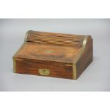 CAMPAIGN STYLE BRASS BOUND CAMPHOUR WOOD WRITING SLOPE, the drawing operating the tambour top