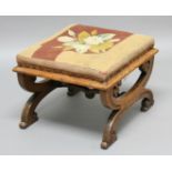 VICTORIAN OAK X FRAME STOOL, possibly Irish, the tapestry upholstered seat on a frame carved with