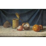 CONSTANCE L. FOUNTAINE (Fl.c.1889-1893) STILL LIFE WITH FRUIT, COCONUT AND A TANKARD; INTERIOR