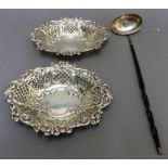 TWO PIERCED SILVER DISHES & LADLE (3)