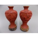 PAIR RED LACQUER VASES