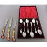 A CASED SET OF 6 SILVER COFFEE SPOONS, 2 CROWN DERBY BUTTER KNIVES & CHEESE KNIFE