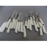 SET 12 PRS OF PLATED FISH KNIVES AND FORKS WITH GLAZED POTTERY HANDLES (24)(A/F)
