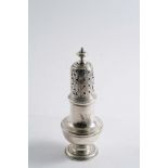 A GEORGE II VASE-SHAPED CASTER with a high-domed cover and a knop finial, crested, by an