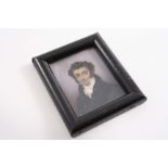 A MINATURE PORTRAIT OF A GENTLEMAN with a dark overcoat, white collar and curly brown hair in a