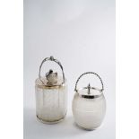 TWO VICTORIAN PLATED-MOUNTED, FROSTED GLASS, BISCUIT BARRELS The largest one 7.8" (20 cms) high (2)