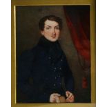 ENGLISH SCHOOL c.1830 Portrait of a young man wearing blue jacket & holding a book, half length on