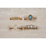 A MOONSTONE FIVE STONE RING set with five graduated oval cabochon moonstones, in gold, size N,