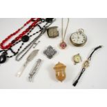 A QUANTITY OF JEWELLERY including a lady's 9ct. gold wristwatch, a spinning fob set with a