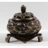 CHINESE BRONZE LOTUS FLOWER CENSER AND COVER, the body cast with petals beneath a pierced cover,