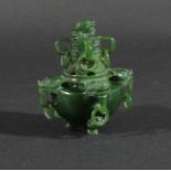 CHINESE SPINACH JADE CENSER AND COVER, with four dragon head handles, the cover with four handles