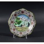 CHINESE CLOISONNE DISH, of flowerhead form, a central image of storks inside a floral border,