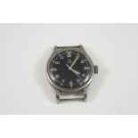 A STAINLESS STEEL MILITARY WRISTWATCH BY OMEGA the signed circular black dial with Arabic numerals