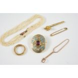 A QUANTITY OF JEWELLERY including an enamel and gold oval mourning brooch, a 22ct. gold wedding