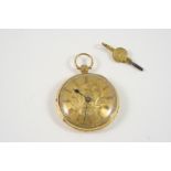 AN 18CT. GOLD OPEN FACED POCKET WATCH the gold foliate dial with Roman numerals, with engraved