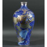 CHINESE CLOBBERED MEIPING VASE, blue painted with birds in pine trees above rocks on a silvered