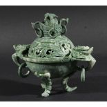 CHINESE MOTTLED GREEN JADE TYPE CENSER AND COVER, the body of hemi-spherical form with a pair of