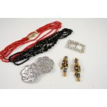 A QUANTITY OF JEWELLERY including a silver buckle, a four row coral necklace, a paste set buckle and