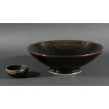 CHINESE TENMOKU BOWL, the rich black glaze with iron red showing through, diameter 7cm; together