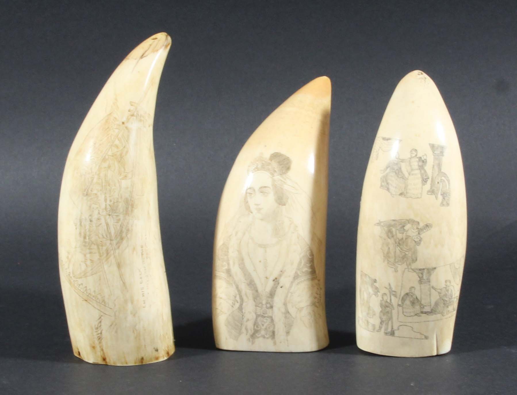 THREE SCRIMSHAW SPERM WHALE TEETH, the one carved with a ship titled The Cachelot and a whaling