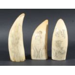 THREE SCRIMSHAW SPERM WHALE TEETH, the one carved with a ship titled The Cachelot and a whaling