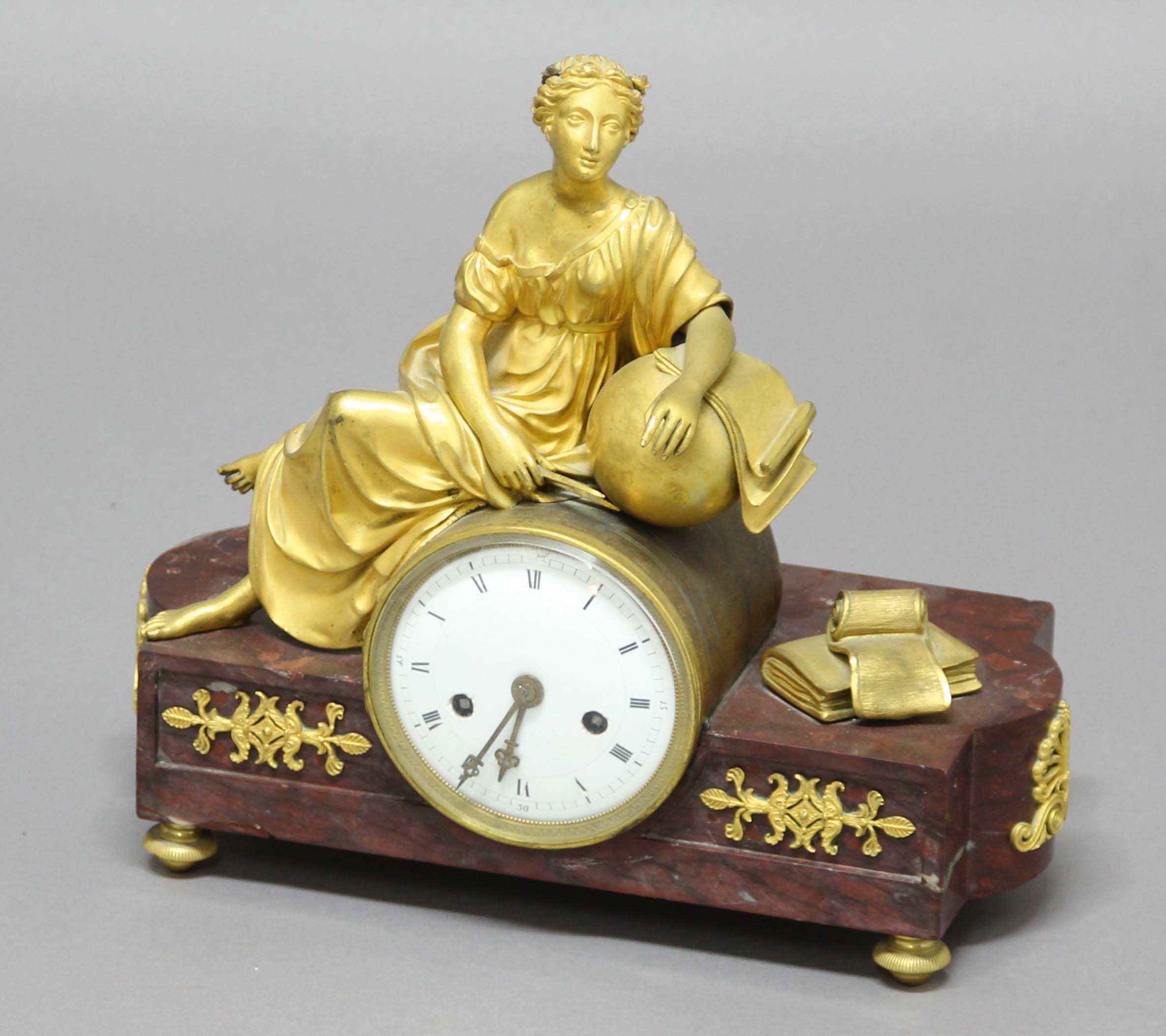 FRENCH MARBLE AND ORMOLU MOUNTED MANTEL CLOCK, the 4" enamelled dial on a brass eight day movement