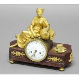 FRENCH MARBLE AND ORMOLU MOUNTED MANTEL CLOCK, the 4" enamelled dial on a brass eight day movement