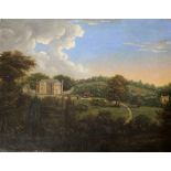 ENGLISH PROVINCIAL SCHOOL, 19th CENTURY FIGURES ON A PATH, APPROACHING A COUNTRY HOUSE Oil on