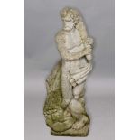 RECONSTITUTED STONE FIGURE OF HERCULES, standing holding a club, a lion at his feet, height 123cn