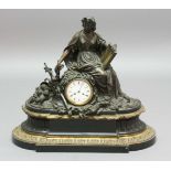 VICTORIAN BRONZE AND BLACK SLATE MANTEL CLOCK, the 4 1/2" enamelled dial, inscribed TA Simpson, on