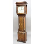 OAK AND INLAID LONGCASE CLOCK, the 11 3/4" painted dial with subsidiary seconds dial and date