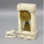 ALABASTER PORTICO CLOCK, the 7" gilt dial on a brass movement striking to a bell, supported on