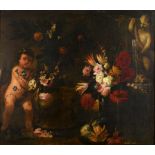 CIRCLE OF FRANZ WERNER VON TAMM (1658-1724) PUTTO WITH ARRANGEMENT OF FLOWERS BY A STONE FOUNTAIN