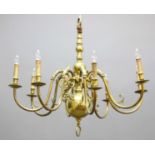 DUTCH STYLE BRASS EIGHT BRANCH CHANDELIER, the scrolling branches with dolphin head mounts, height