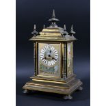 GILT METAL AND PORCELAIN MOUNTED MANTEL CLOCK, the enamelled dial with Roman numerals around a