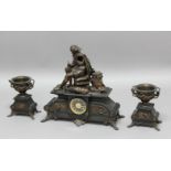 VICTORIAN BLACK SLATE AND BRONZE MOUNTED CLOCK GARNITURE, the 4" dial on brass eight day movement,