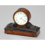 19TH CENTURY BURR MAPLE AND EBONISED MANTEL CLOCK, with a 3 1/2" enamelled dial on a brass Brevete