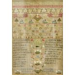 GEORGE III SAMPLER, by Mary Taylor dated 1785, worked on a linen ground with bands of patterns,