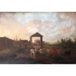 PETER LA CAVE (1769-c.1811) COUNTRY SCENE WITH FARMERS AND A STAGECOACH Signed and dated 1799, oil