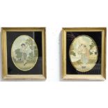 PAIR OF OVAL SILKWORK PICTURES, early 19th century, worked as a young man and woman in rural