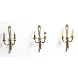 SET OF THREE GILT METAL TWO BRANCH WALL LIGHTS, formed as tasselled swags, height 39cm (3)