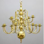 DUTCH STYLE BRASS TWELVE LIGHT CHANDELIER, the two tiers of branches with stylised animal head