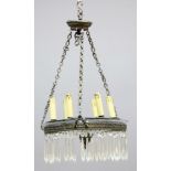 FRENCH GLASS AND BRONZED CHANDELIER, the sun burst glass plafonier in a frame with foliate